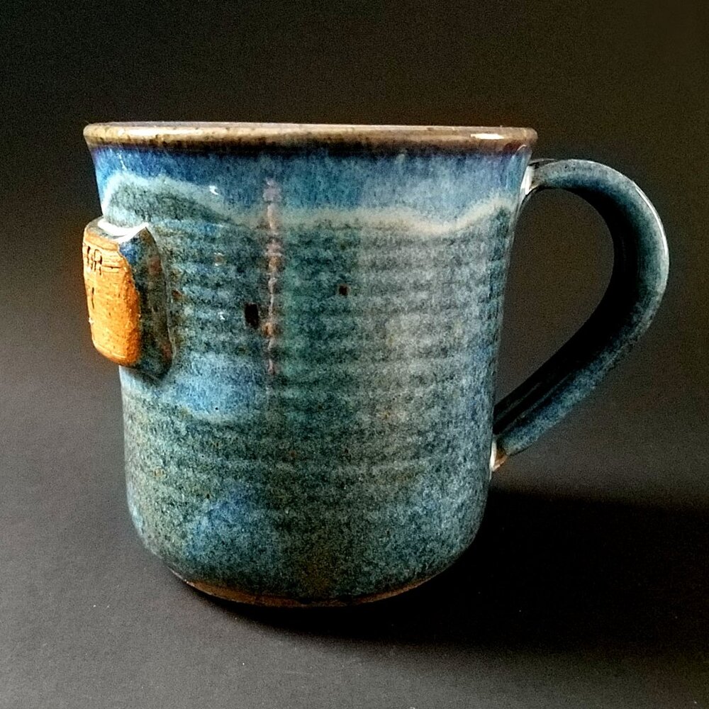 Signed Rustin Ribbed Hand Thrown Pottery Blue Glazed Coffee Tea Mug